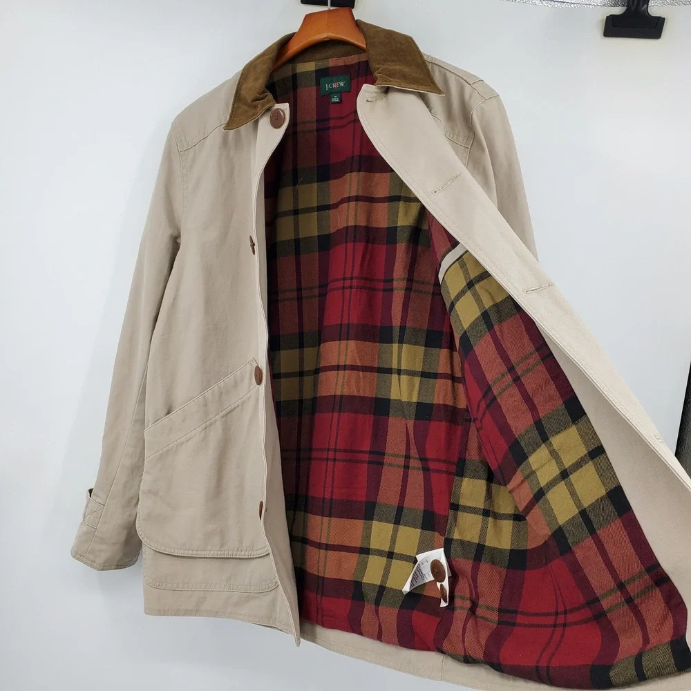 J.Crew Mens 1983 Barn Jacket Scout Khaki Plaid Flannel Line BW485 M Chore Canvas